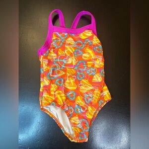 Speedo Pink Orange Blue Hearts One Piece Swimsuit Girls Sz 8